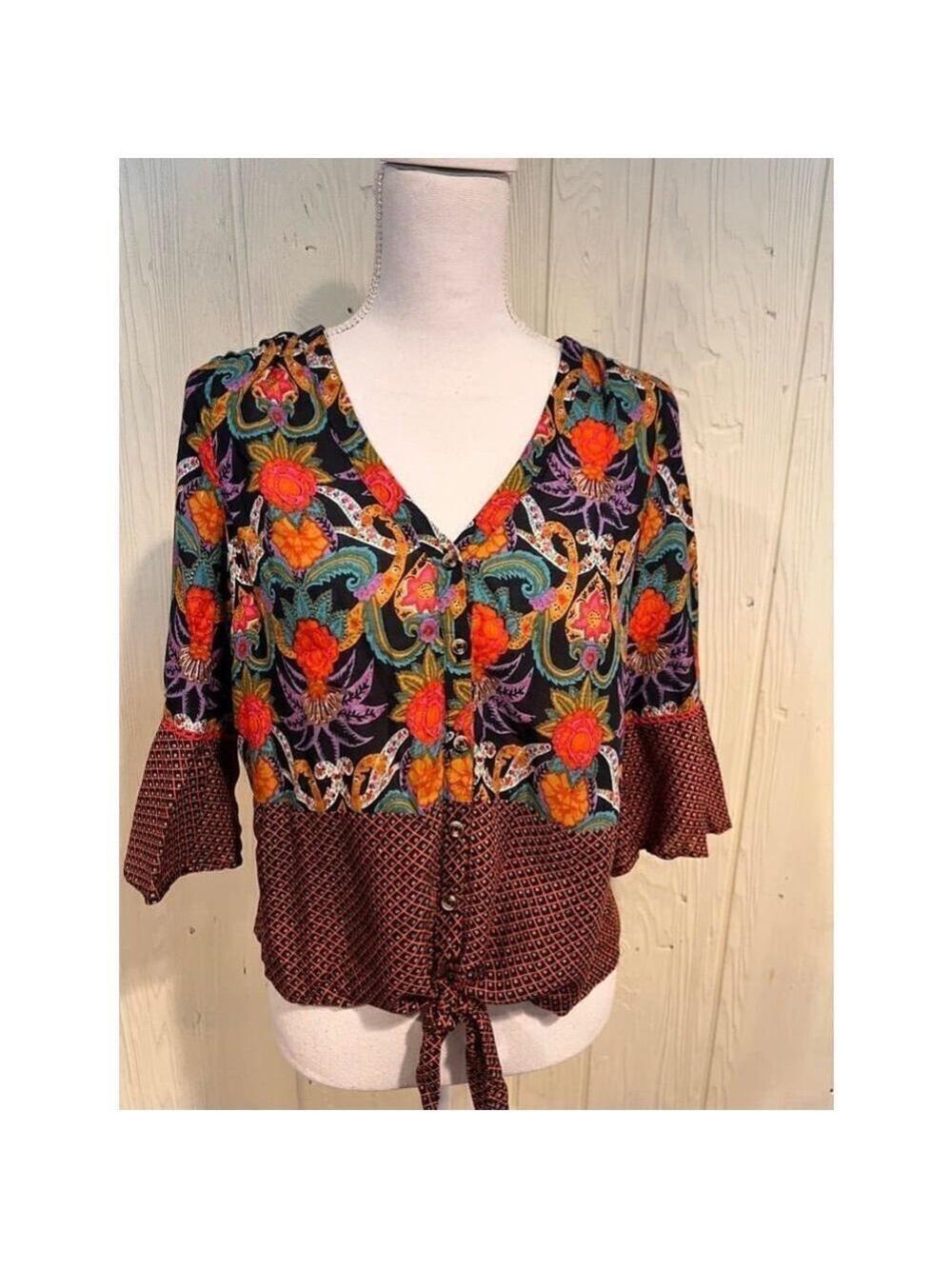 Maeve Anthropologie Floral Blouse Black Orange Size Medium